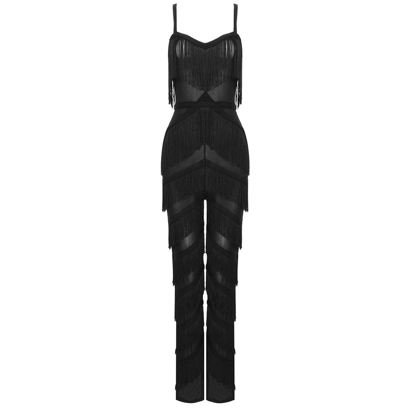 

Sexy Spaghetti Strap Tassel Bodysuits Patchwork Sleeveless Mesh Bodysuits New Design Crop Top Celebrity Party Club Full Length, Black