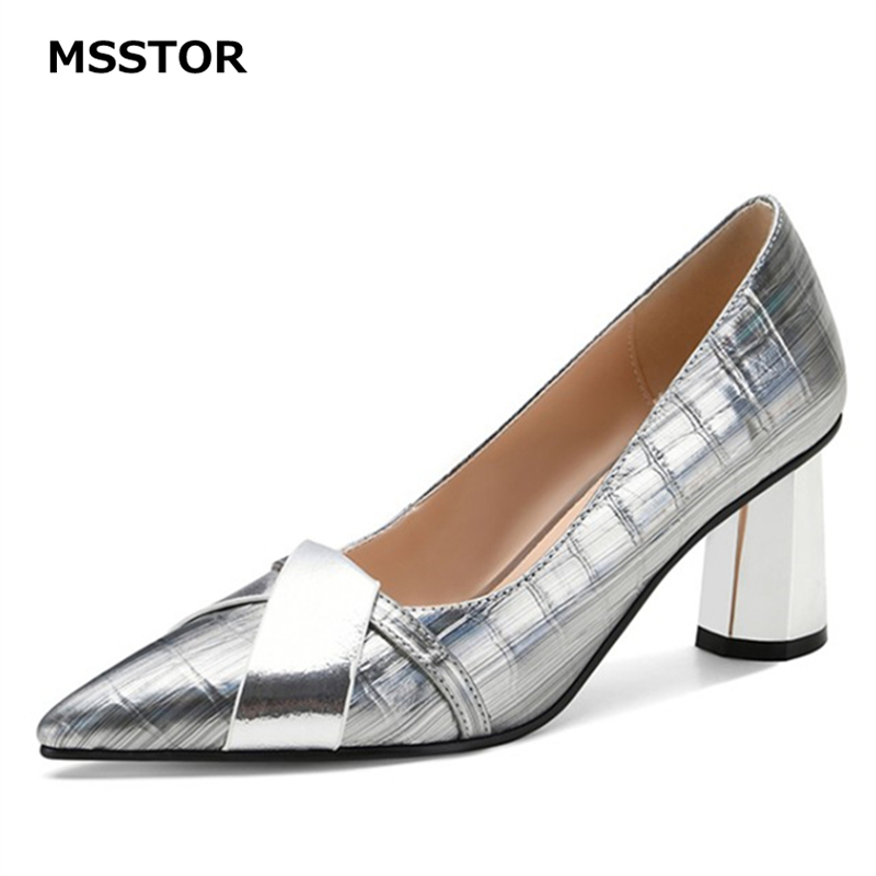 

Mixed Colors High Heels Shoes Women Thick Heel Slip-On Shallow Autumn Spring Ladies Shoes Cow Leather Sexy Party Womens Pumps, Gold