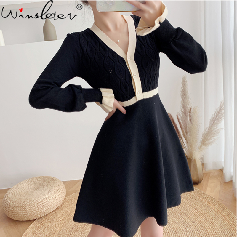 

Patchwork Woman Knitted Dress 2020 Autumn Winter V-Neck Long Flare Sleeve Single-breasted Women Basic Mini Dresses D08501K, Black