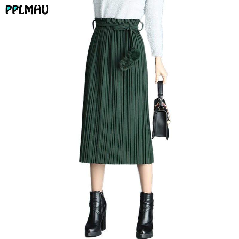 

Vintage pleated A-Line skirt women Oversize knitted high waist elastic long skirt Autumn winter new arrival korean ladies, Black