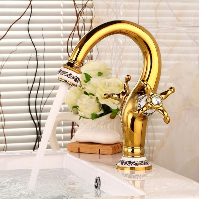 

Basin Mixer European Luxury Bathroom Crystal Ceramic Diamonds Golden Faucets Dual Handle Cold and Hot Vanity Sink Gold Faucet