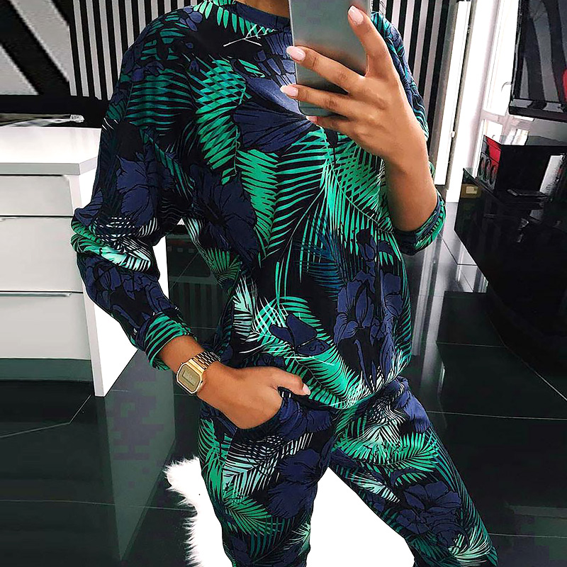 

Women Casual Two-piece Suit Long Sleeves O-Neck Tops + Elastic Waist Pants Leaf Print Sweat Suit Spring Autumn Fashion Tracksuit, Army green