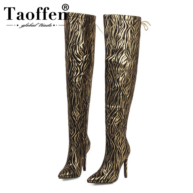 

Taoffen Sexy Thin High Heels Shoes Women Over The Knee Boots Print Pointed Toe Long Boots Women Footwear Plus Size 33-43, Black