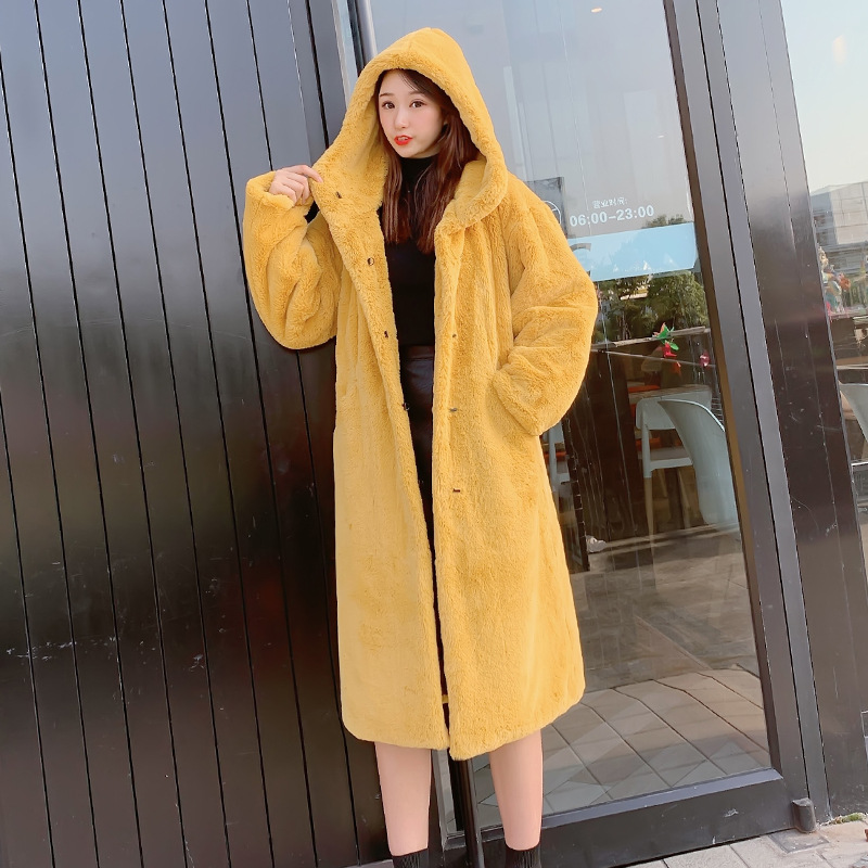 

2020 Winter Women Jacket Rabbbit Fur Plush Coat Female Long Hooded Loose Thick Warm Cashmere Outerwear, Blue
