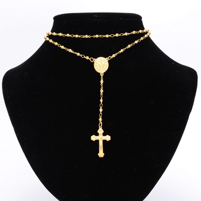 

Tisnium 4/6/8mm Bohemian Style Woman Necklace Jesus Cross Pendant on a Long Chain High Quality Stainless Steel Bead Link