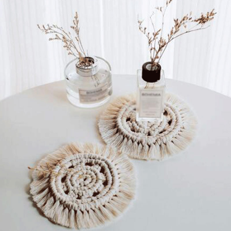 

Woven Round Cup Pad Place Mat Bowl Mat Insulation Pure Handmade Tassel Table Bohemia Non-Slip Drink Cup Coasters
