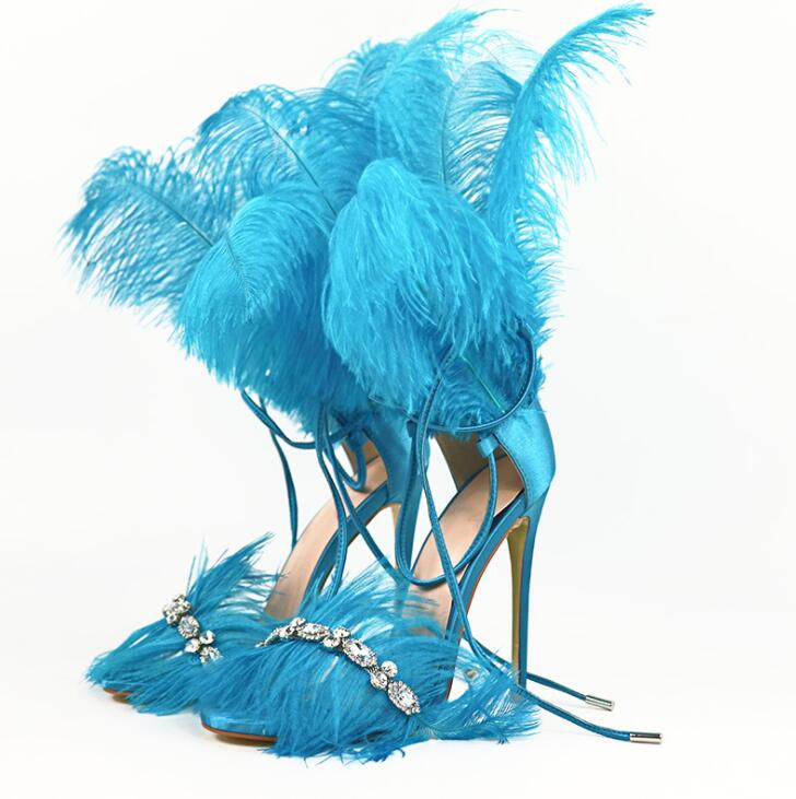 

Bright Feather Encircled Sandals Women Luxury Crystal Stiletto Heels Wedding Dress Satge Shoes Lady Lace-up Ankle Strap Sandals, Color 1