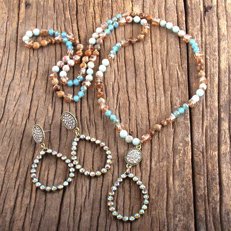 

RH Fashion Jewelry Set Natural Stone & Glass Long Knotted Drop Pendant Necklace Earring Set Women Gift Dropship, As pic