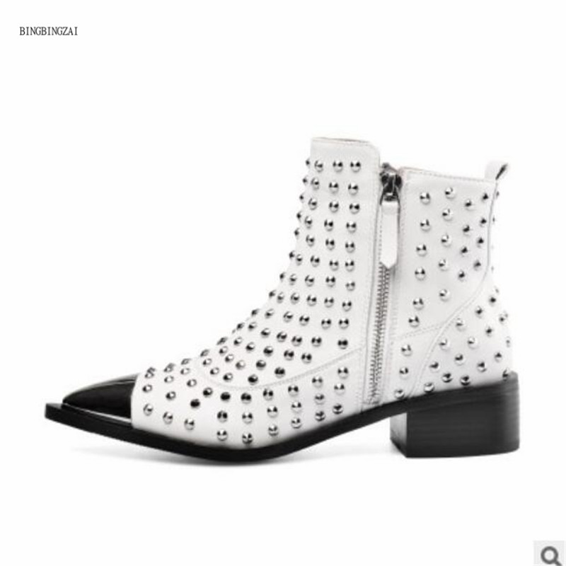 

New style Genuine Leather Women's boots Short boots Fashion High quality Rivets shoes woman 4cm Square heel 3-11 12 BBZAI, Black