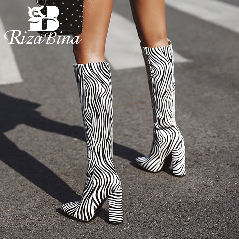 

RIZABINA New Women Knee Boots Fashion Zebra Print Thick High Heels Shoes Women Stylish Pointed Toe Lady Long Boots Size 36-43, White