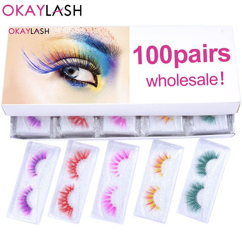 

OKAYLASH Wholesale Wispy Fluffy Party Multi color Real Mink Eyelashes Makeup Halloween Dropship Fake Colored Strip Eyelashes