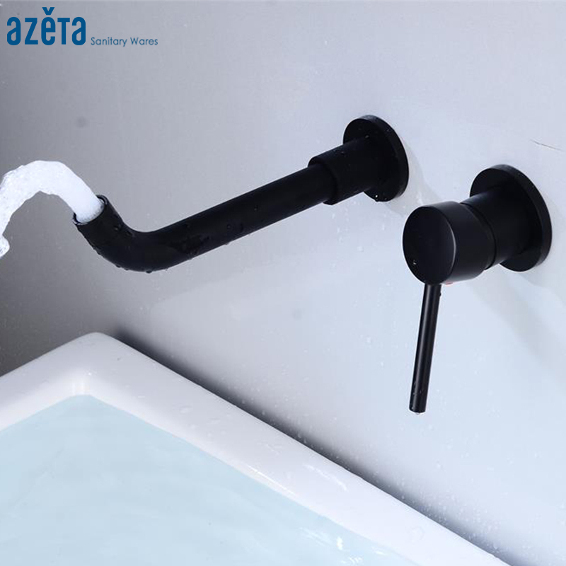 

AZETA Bathroom Wall Mounted Brass Basin Faucet 2 Holes Single Handle MaBlack Basin Mixer Rotation Spout Tap 1903B-B