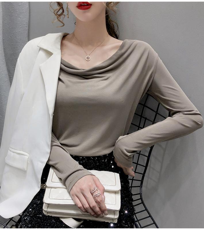 

2020 autumn new women' wear New long-sleeved Women' T-shirts stacked with collared bottoms with slim bottoms tops, Black