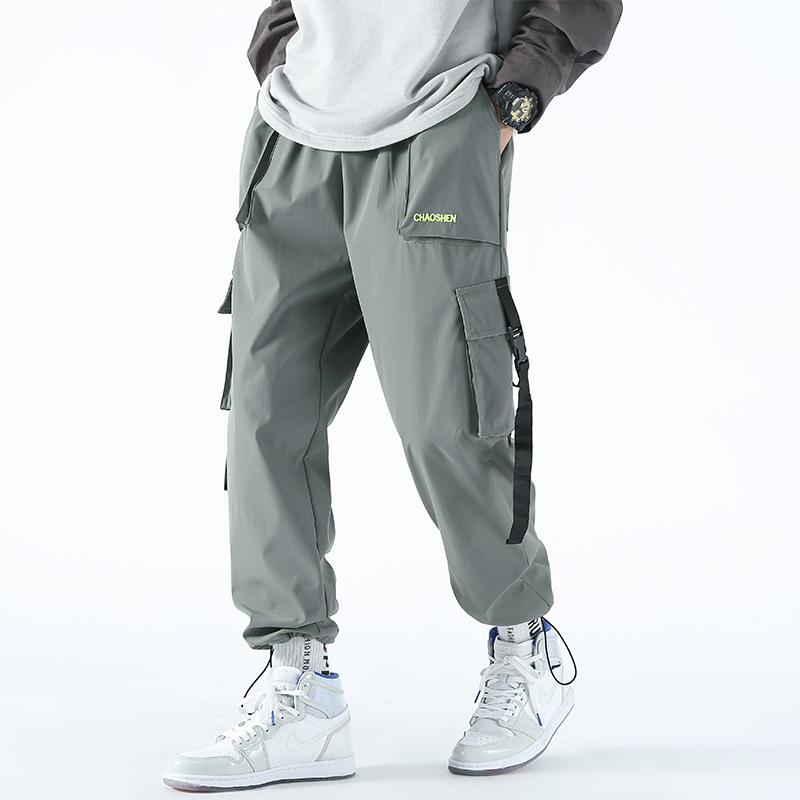 

2020 Men' Side Pockets Cargo Harem Pants Ribbons Black Hip Hop Casual Male Joggers Trousers Fashion Streetwear Pants, Gray