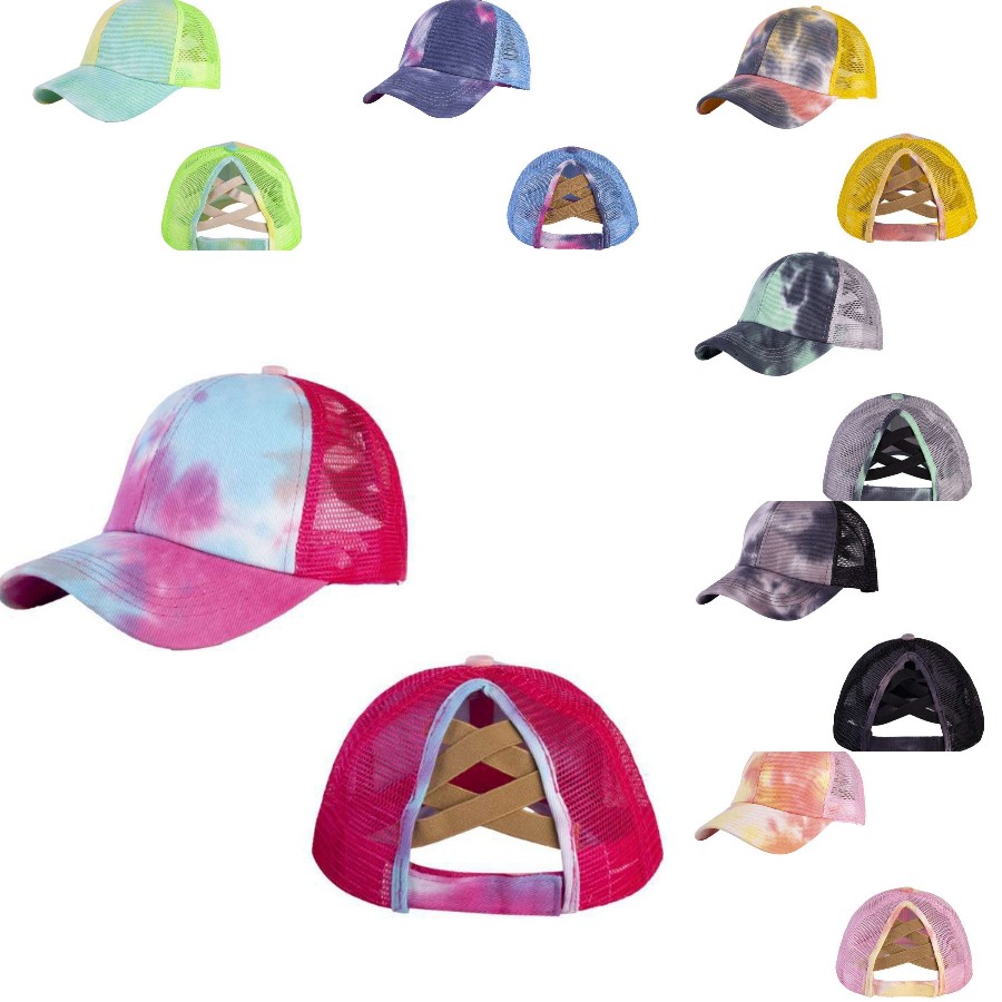 

Tie Dye Criss Cross Ponytail Baseball Cap Washed Adjustable Hip Hop Hats Summer Outdoor Sun Protection Mesh Hats DDA450, Multi