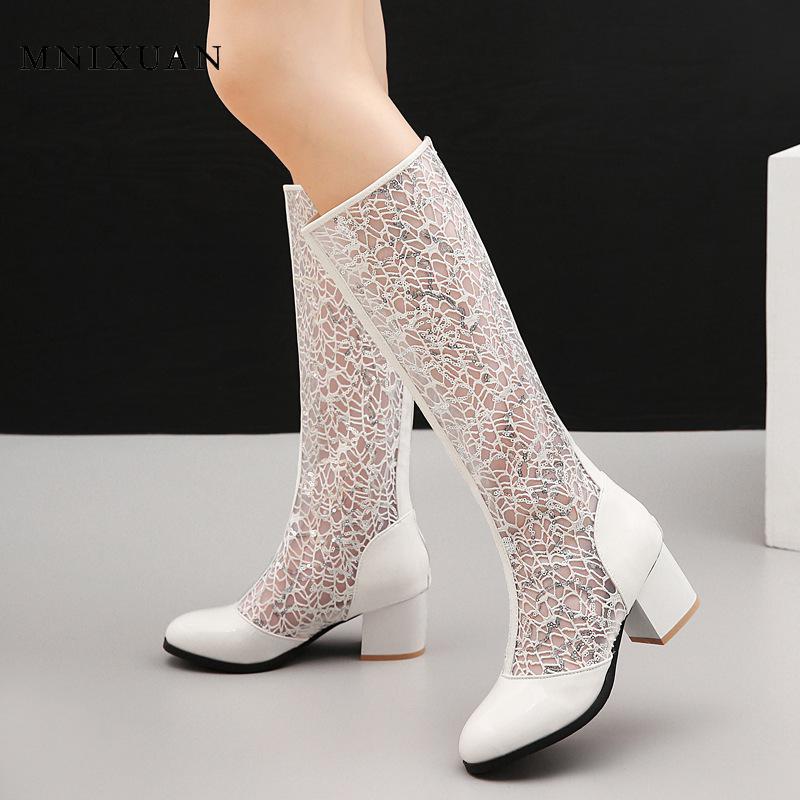 

MNIXUAN Fashion women shoes Cut Out Boots 2020 summer new Openwork mesh block high heels zipper sandals boots white shoes size10, Beige