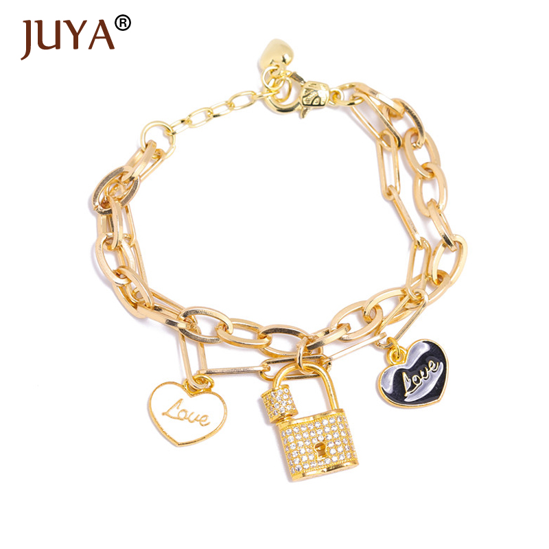 

JUYA Fashion Charm Bracelets Cubic Zircon Double Layer Chain Bracelet For Women Adjustable Steampunk Lock Chunky Chain Bracelets