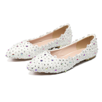 

BaoYaFang 1cm Low Heel Fashion shoes Woman Pointed Toe White Flower Wedding shoes Crystal Performance Women Party, 1cm shoe