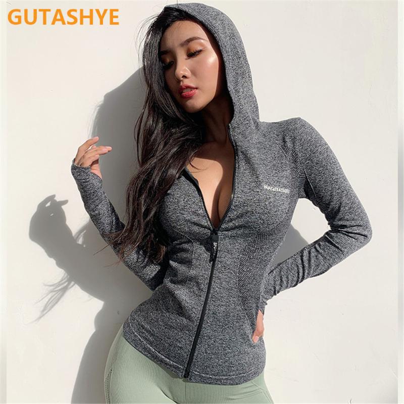 

Women Sport Jacket Zipper Yoga Coat Motion Clothes Quick Dry Running Jacket Hoodies Long Sleeve Sportwear Gym Fitness Hooded Top, Black