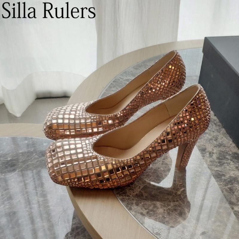

New Designer Bling Glass High Heels Party Shoes Woman Square Toe Shallow Pumps Women Silver Shoes ladies Wedding 2020, Champagne