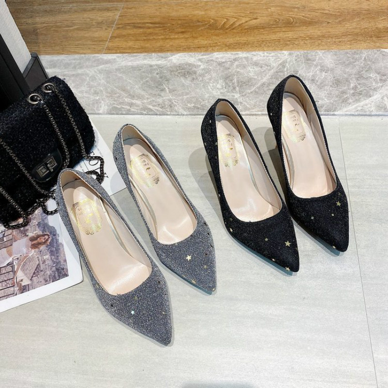 

Women's Sexy Sequins Pointed Toe High Heels Shoes Ladies Fashion Party Wedding Pumps Elegant Shallow Woman Shoes, Black