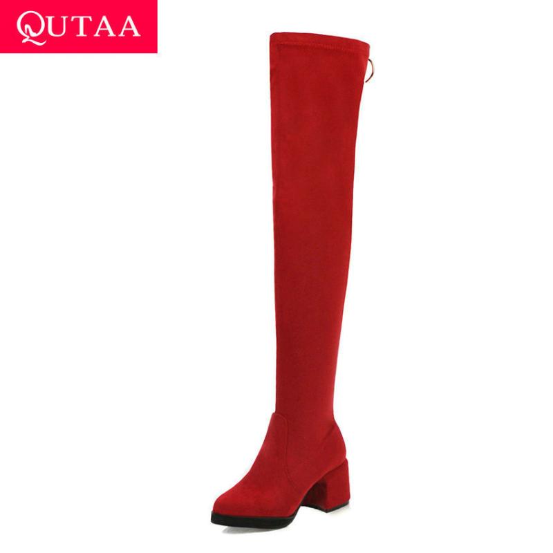 

QUTAA 2020 Flock Round Toe Fashion Zipper Over The Knee High Boots Autumn Winter Square High Heel Elegant Women Shoes Size 34-43, Black