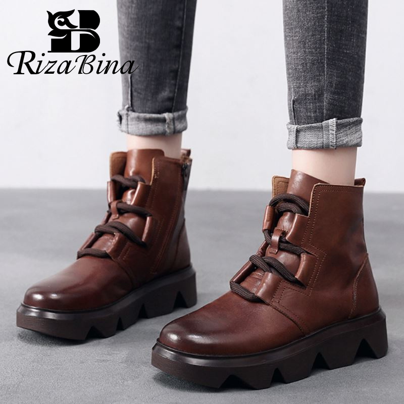 

RIZABINA real leather women ankle boots cross strap zipper shoes trifle non-slip warm boots party women footwear size 35-40, Black