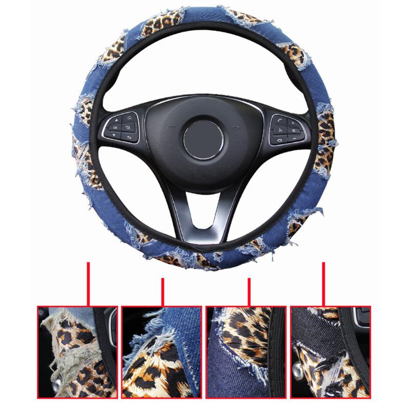 

Universal 1 Pc 38CM Leopard Print Car Steering Wheel Cover Non-slip Denim Blue Durable Car Styling Replacement Accessories