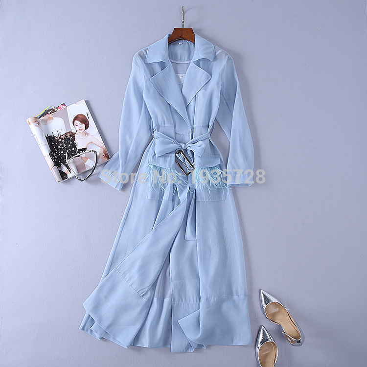 

ElfStyle Patchwork Ostrich Hair Tassel Organza Trench With Waist Tie & Matching Slip - Ladies Ostrich Feather Outerwear Coat, White