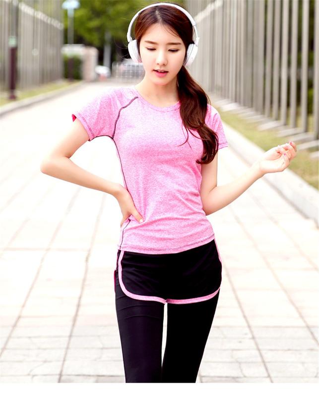 

Yoga Tops Quick Dry Sportswear Running Women Elastic Gym Clothes Rose Patchwork Female Short T-shirt, Rose and black