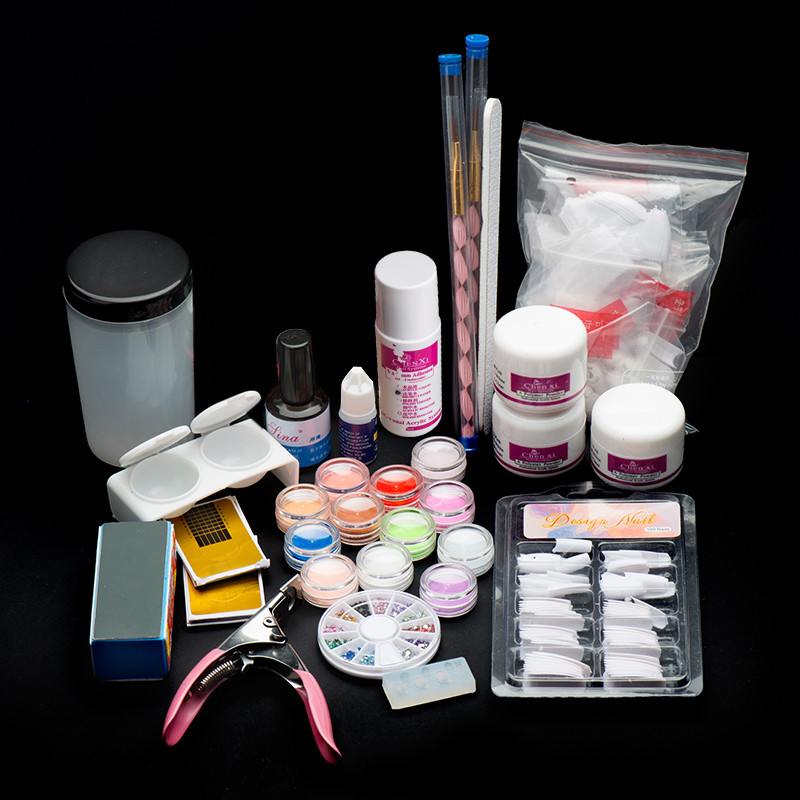 

Professional 19 Acrylic Nail Art Set Kit Tips Powder Liquid Brush Glitter Clipper Primer File Set Kit New Nail Art Decoration