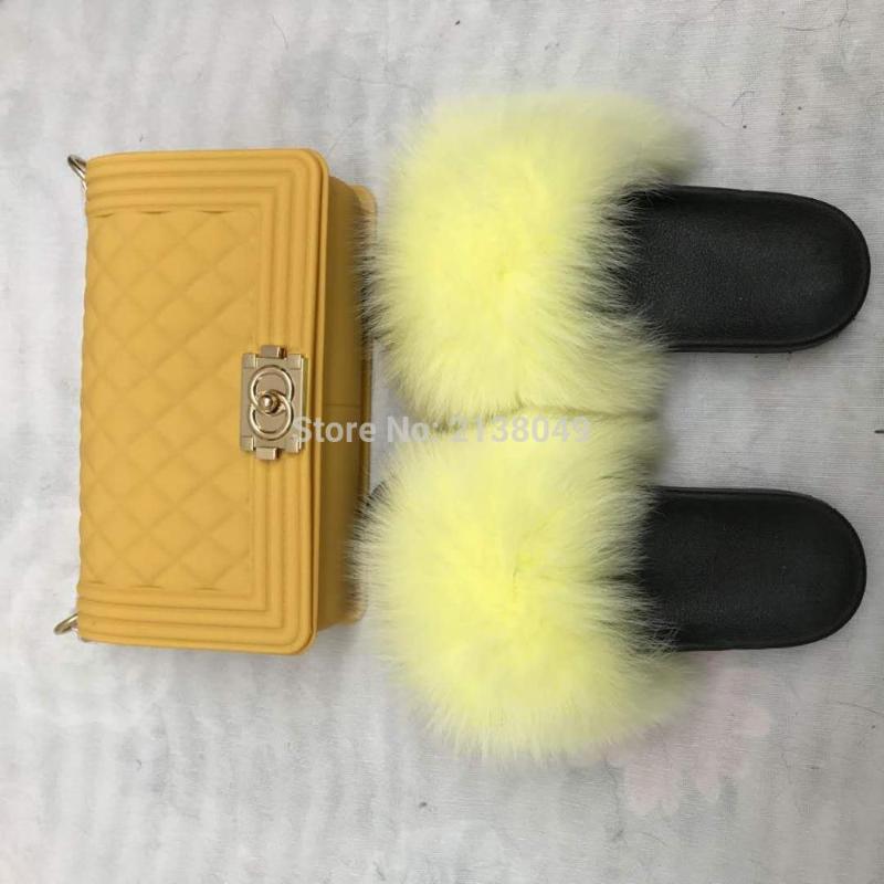 

MOQ 1 set women soft real fur slides fur sandals matching with jelly purses, 20