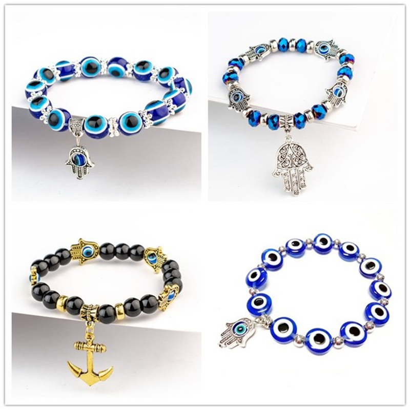 

Fatima Hand Hamsa Bracelet Jewelry Women Man Gold Silver Color Fashion Blue Devil Evil Eye Plam Bell Beaded Anchor Charm Bracelets ps2185, Golden;silver