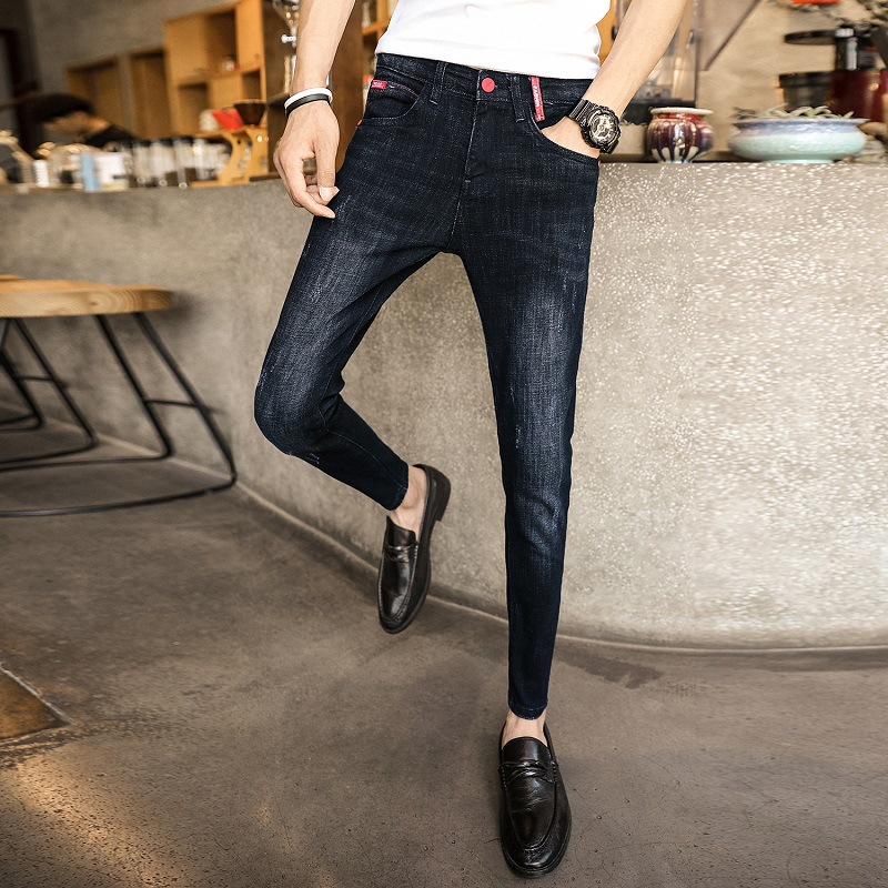 

Hot 2020 fashion street teenagers Jeans boys Slim Korean summer thin pants cowboy student casual Denim pencil pants men, Black