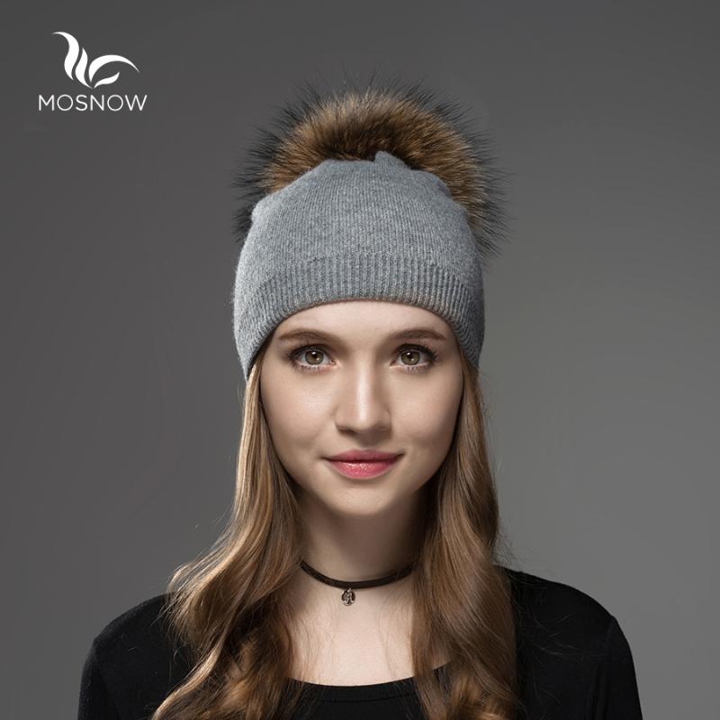 

Mosnow Hat Female Women Raccoon Wool Fur Pom Poms Warm Knitted Casual High Quality Winter Hats Caps Skullies Beanies, Beige