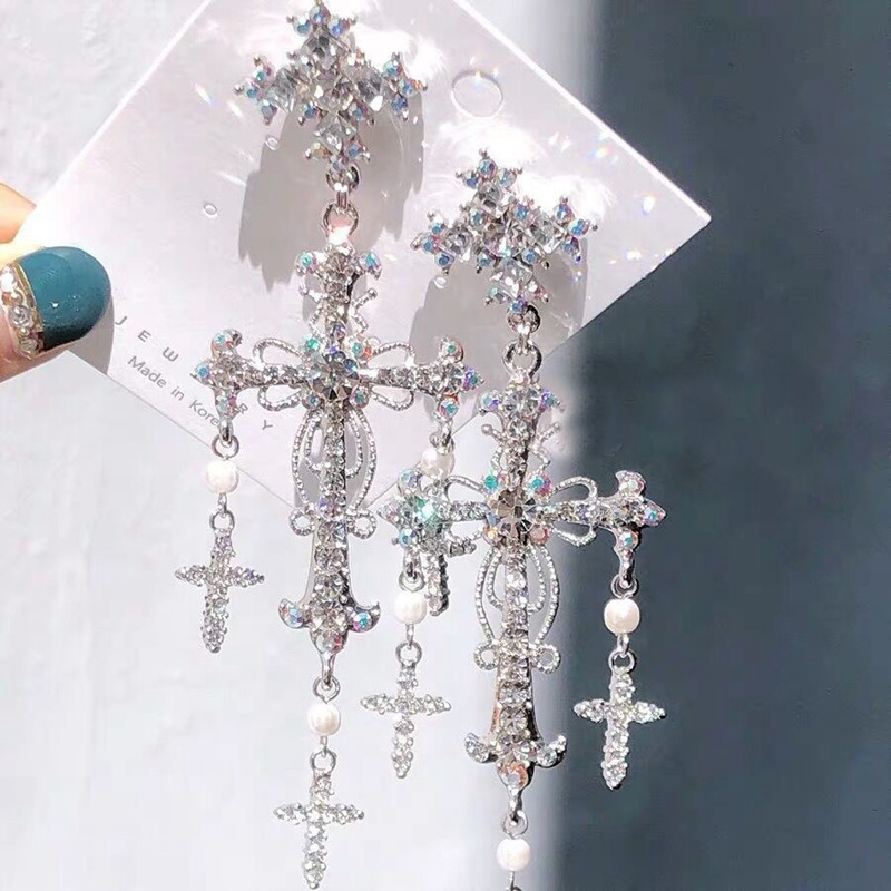

Korean New Trendy Luxury Style Silver Color Crystal Pearl Cross Dangle Earrings For Women Elegant Party Jewelry