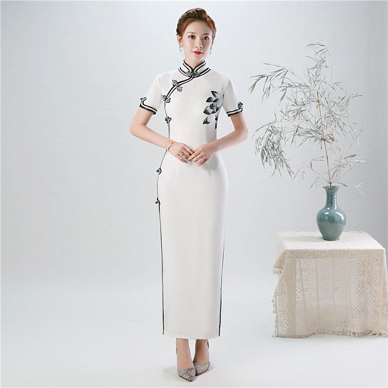 

Handmade Button Cheongsam Vintage Mandarin Collar Qipao Chinese Style Spring Evening Dress Plus Size S-5XL