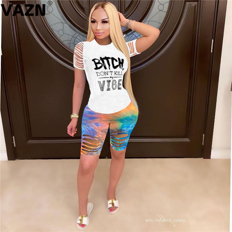 

VAZN 2020 Hot Plus Size Hollow Out Top Daily Young Sexy Letter Short Sleeve Group Knee Length Tracksuits Women 2 Pieces Set, Blue