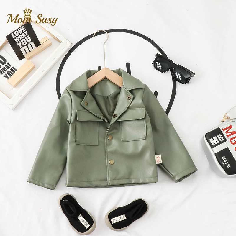 

Fashion Baby Boy Girl PU Leather Jacket Spring Autumn Toddler Kids Faux Leather Coat Pocket Casual Chaqueta Outwear Clothes 1-5Y, Brown