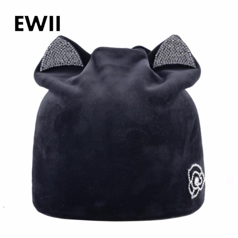 

Ladies knitted beanie hat women winter cap skullies beanies for women rhinestone girl casual velvet hats casquette, White