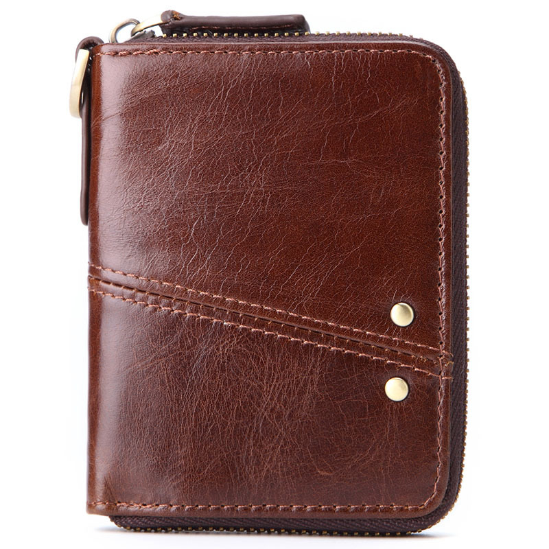 

Men's Mini RFID Wallets Genuine Crazy Horse Leather Billetera Male Zipper Short Wallet Multi-function Coin Pocket Card Holder, Black