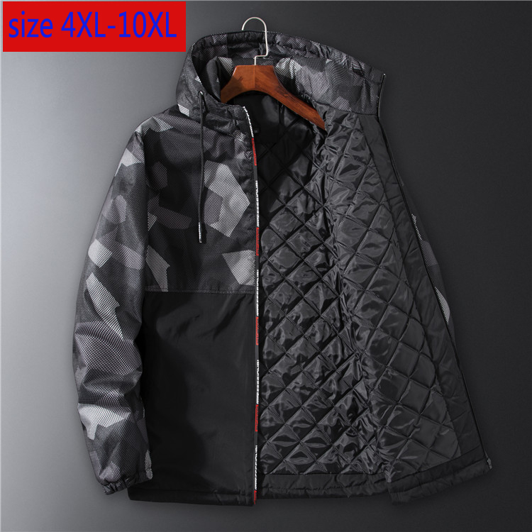 

New Autumn Camouflage Thin Padded Jacket Men Thicker Warm Handsome Super Large Hooded Casual Plsu Size 4XL5XL6XL7XL8XL9XL10XL, Black