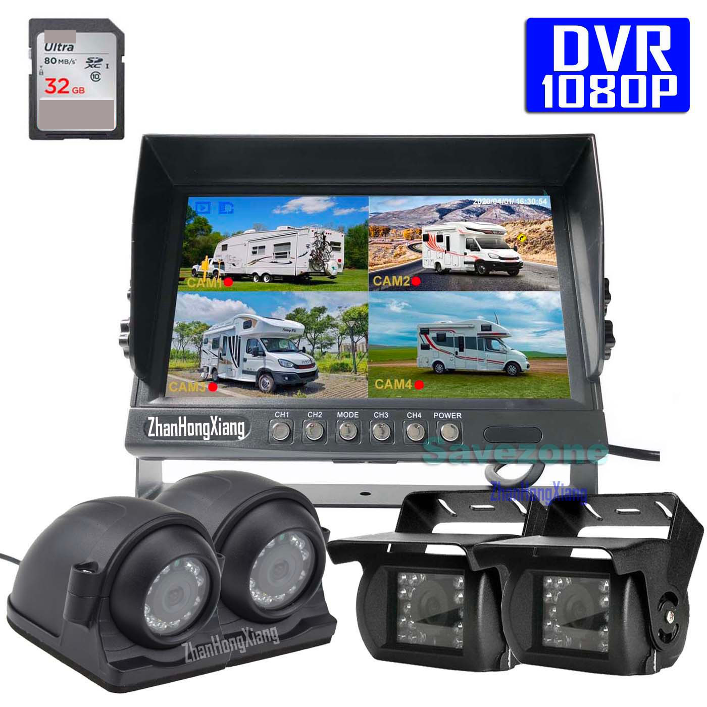 4x HD 1080P Car Front Side Rear View Reversing Backup Camera System + 9" 4CH Quad Split IPS DVR Monitor 32GB for RV Bus Truck Trailer Large-image-574629147