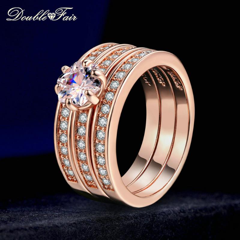 

Double Fair Brand Flower 3 Rings Sets Unique Fashion Party Jewelry For Women Rose Gold Color Cubic Zircon Stone HotSale DFR059