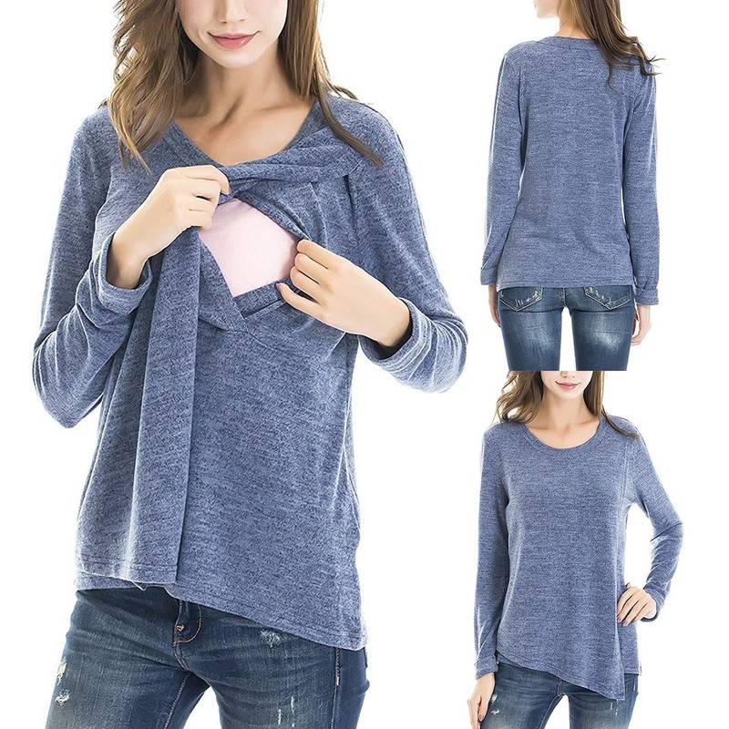 

Women Pregnancy Clothes 2020 Womens Clothing Pregnant Maternity Solid Long Sleeves Comfy Nursing Tops Shirts For Breastfeeding, Blue