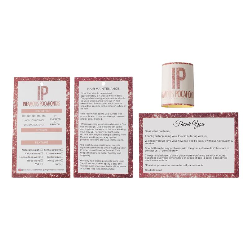 

Custom brand name logo printing Thank you name card,shipping swing paper hang tag,hair extensions bundles wrap stickers labels
