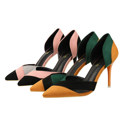 

2020 new fashion color matching hollow pointed pointed heel women high heels single shoes, Green