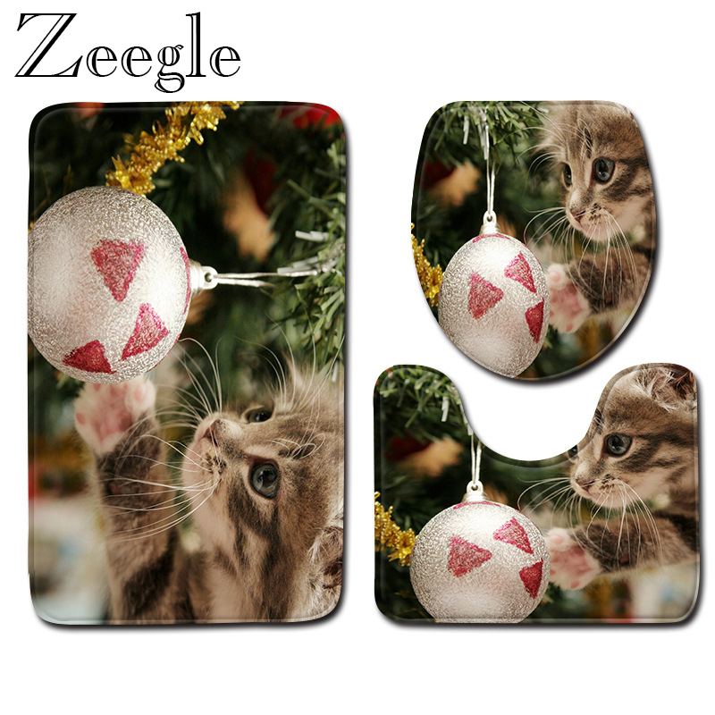 

Zeegle Cat Printed Bathroom Carpet Set Anti-slip Bathroom Rug Shower Mat Absorbent Toilet Rug Washable Bath Mat Set