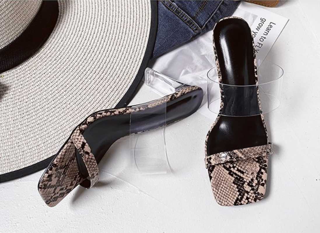 

Slippers Women 2020 Summer New High-heeled Slides Thick-heeled Square-toe Sandals Snake Pattern Fashion Transparent Shoes Women, White