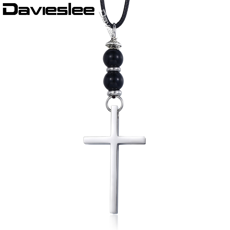 

Davieslee Necklace for Men Cross Pendant Stainless Steel Lava Glass Bead Man-made Leather Chain Black Silver Color 1.5mm LDNM03